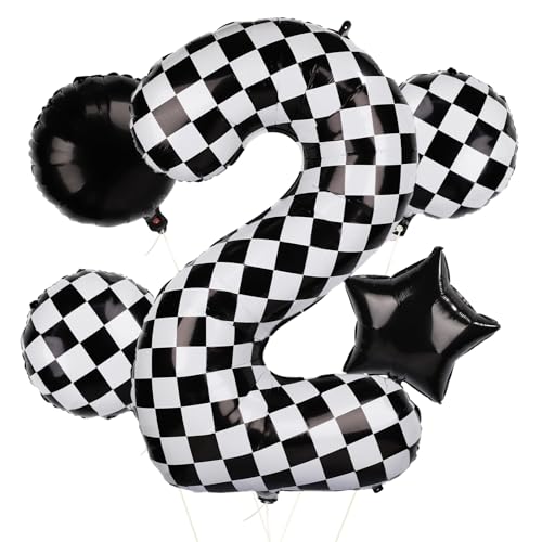5stk Karierte Luftballons, 101,6cm Karierte Zahlenballons Schwarz-Weiße Rennwagen-Nummern-Geburtstagsballons für Rennwagen-Themenparty-Dekorationszubehör (Nummer 2) von PEUTIER