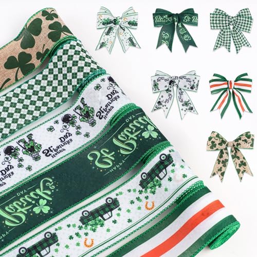 6 Rollen 3,6 m St. Patrick's Day Bänder, Kleeblattband aus Stoff mit Draht IRISCHES BAND St. Patrick's Dekorationen für Party, Basteln, Geschenkverpackungen (6,4 cm) von PEUTIER