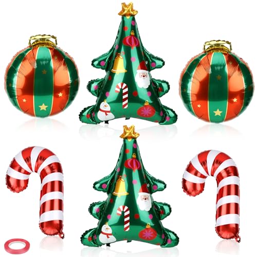 6 Stück Folien Ballons, Weihnachtsballon mit hängender Kugel, Weihnachtsstock, Weihnachtsbaum, Luftballons, Band, Stroh Weihnachtsgeburtstagsparty Deko für Süßigkeiten Themenparty, 3 Stile von PEUTIER