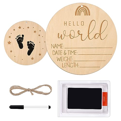 Baby Announcement Sign, 15cm Doppelseitiges Hölzernes Geburtsanzeigeschild mit Stempelkissen für Baby Hand und Fußabdrücke Neugeborenen Ankündigungen (Regenbogen) von PEUTIER