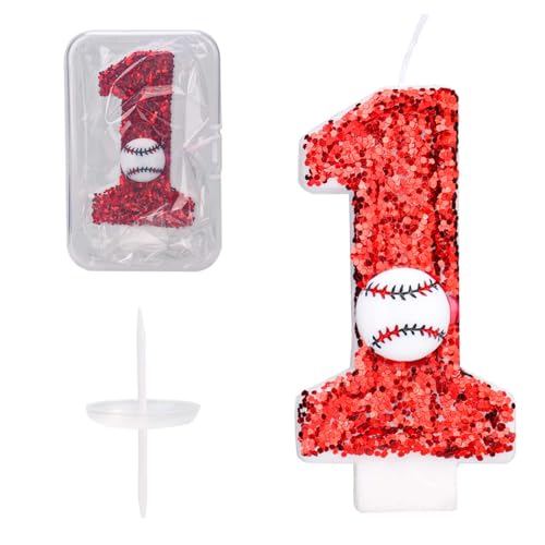 Baseball-Geburtstagszahlenkerze, 7,5cm Glitzer Happy Birthday-Kuchenaufsatz Rot Pailletten Zahlenkerze Sportthema Baseball-Kuchendekorationen für Jahrestage Feiern Partys Zubehör (1) von PEUTIER