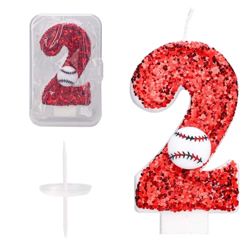 Baseball-Geburtstagszahlenkerze, 7,5cm Glitzer Happy Birthday-Kuchenaufsatz Rot Pailletten Zahlenkerze Sportthema Baseball-Kuchendekorationen für Jahrestage Feiern Partys Zubehör (2) von PEUTIER