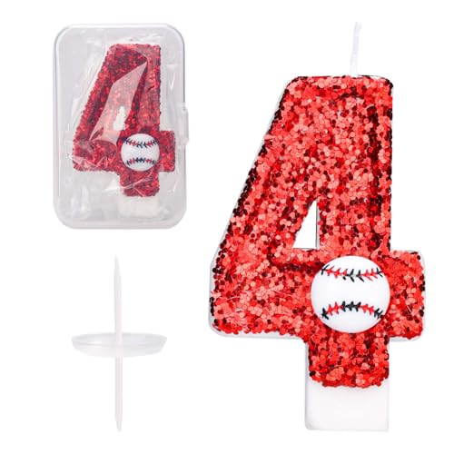 Baseball-Geburtstagszahlenkerze, 7,5cm Glitzer Happy Birthday-Kuchenaufsatz Rot Pailletten Zahlenkerze Sportthema Baseball-Kuchendekorationen für Jahrestage Feiern Partys Zubehör (4) von PEUTIER