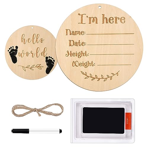 PEUTIER Baby Announcement Sign, 15cm Doppelseitiges Hölzernes Geburtsanzeigeschild mit Stempelkissen für Baby Hand und Fußabdrücke Neugeborenen Ankündigungen (I m Here) von PEUTIER