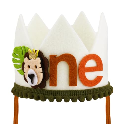 PEUTIER Geburtstagshut 1 Jahr, Verstellbar, Niedlich Tier-Geburtstagskrone, Partygeschenke zum Thema König der Löwen, Unisex, Hut, Geburtstag, Dschungel, Weiß von PEUTIER