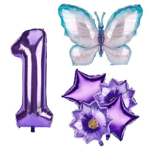 Schmetterlings Ballons Geburtstagsdekorationsset, Aluminiumfolien Zahlenballon Groß Lila Schmetterlings Ballon mit Blumen und Stern Luftballons für Geburtstagsfeier Jubiläum Abschlussfeier (1) von PEUTIER