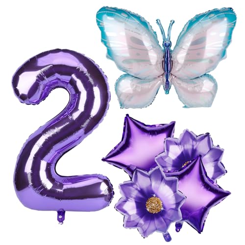Schmetterlings Ballons Geburtstagsdekorationsset, Aluminiumfolien Zahlenballon Groß Lila Schmetterlings Ballon mit Blumen und Stern Luftballons für Geburtstagsfeier Jubiläum Abschlussfeier (2) von PEUTIER