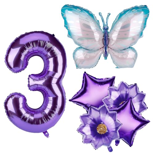 Schmetterlings Ballons Geburtstagsdekorationsset, Aluminiumfolien Zahlenballon Groß Lila Schmetterlings Ballon mit Blumen und Stern Luftballons für Geburtstagsfeier Jubiläum Abschlussfeier (3) von PEUTIER