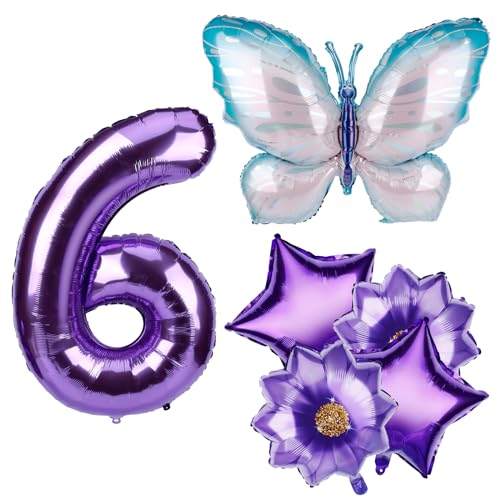 Schmetterlings Ballons Geburtstagsdekorationsset, Aluminiumfolien Zahlenballon Groß Lila Schmetterlings Ballon mit Blumen und Stern Luftballons für Geburtstagsfeier Jubiläum Abschlussfeier (6) von PEUTIER
