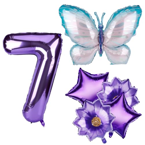 Schmetterlings Ballons Geburtstagsdekorationsset, Aluminiumfolien Zahlenballon Groß Lila Schmetterlings Ballon mit Blumen und Stern Luftballons für Geburtstagsfeier Jubiläum Abschlussfeier (7) von PEUTIER