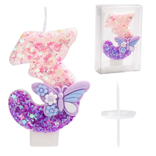 Zahlen Kerzen Torte, 7,2cm Schmetterlings Geburtstagskerzen für Kuchen Glitzer Zahlenkerze mit Pailletten Kuchenkerzen für Mädchen und Frauen Jubiläumsfeier Partyzubehör (Zahl 3) von PEUTIER