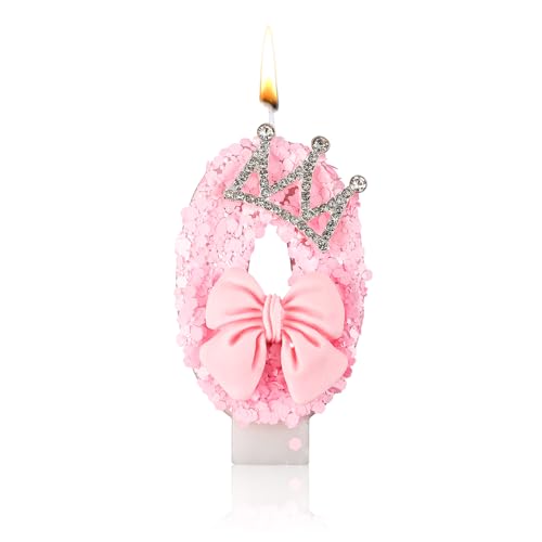 Zahlenkerzen, Rosa Glitzer mit Schleife Rosa Geburtstagskerzen für Mädchen Schleife Krone Geburtstagszahlenkerzen für Kuchen Geburtstagsparty Hochzeit Jahrestag (Nummer 0) von PEUTIER