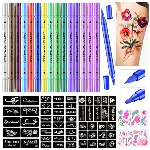 PFARRER Temporäre Tattoo Markers for Skin, Tattoo stifte für die haut 15 Body Markers + 64 Large Tattoo Stencils & 2 sheets Glow Stickers for Kids and Adults, Dual-End Tattoo Pens ZYH2310001KIT von PFARRER