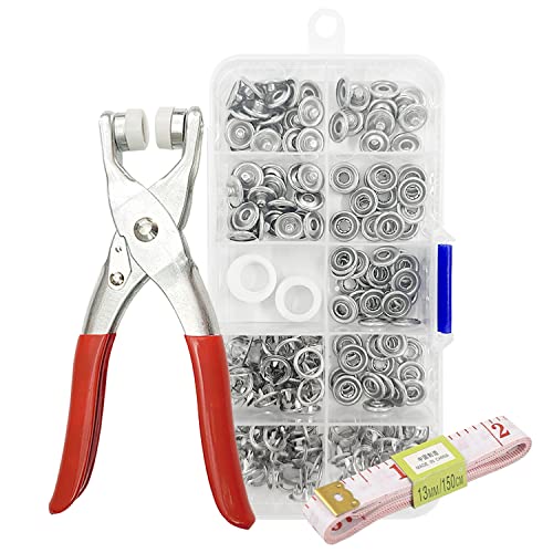 200 Stück Schnappschnalle mit fünf Klauen, Schnappschnallen-Kit mit Metallzange, weißem Kreis und Maßband, Nagelschnallen-Installationswerkzeugset, nähfreie Nagelschnalle, für DIY-Kleidung von PFLYPF