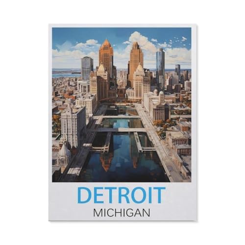 PGCKSK DIY 5D Diamond Painting,Vintage-Reiseposter, Motiv: Detroit Michigan,Round Diamond Cross Stitch, Used for Room Decoration(30 x 40 cm/11.81 x 15.74 Zoll)-AI62 von PGCKSK