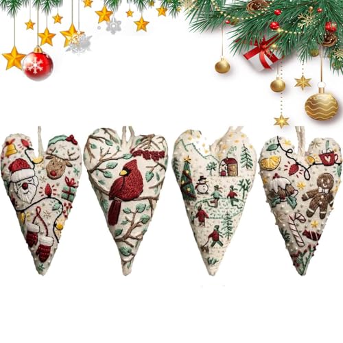 Christmas Ornament Embroidery Kit,DIY Heart Shaped Hand Embroidered, Diys Heart Embroidery Christma Decoration for Handmade Tree Decor,Unique Creative Gift for Tree Decoration (4PCS-A) von PGSLPH