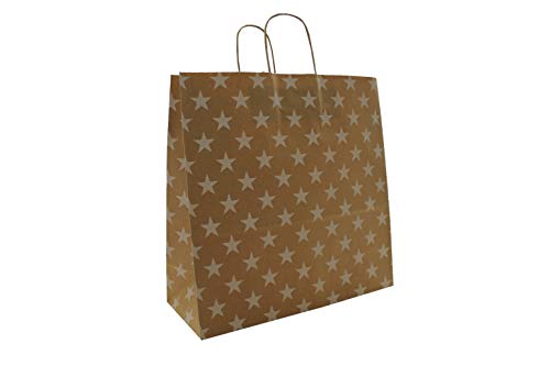 PGV Papiertaschen Papiertüten braun mit Kordel - Sterne Weiss - Verschiedene Größen und Mengen (10 Stück, 35 + 14 x 35 cm) von PGV