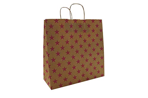 Papiertaschen Papiertüten braun mit Kordel - Sterne PINK - Verschiedene Größen und Mengen (25 Stück, 35 + 14 x 35 cm) von PGV