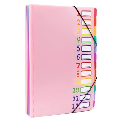 Erweiterbarer Projektsortierer mit 12 Fächern, robuster Monatsordner aus Kunststoff, erweiterbar, A4-Letter-Format, mehrfarbig(Pink) von PGVXEM