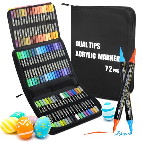 72 Acrylstifte Set für Steine Wasserfest, Steine Zum Bemalen Stifte mit Doppelspitze (Feine Spitze und Pinsel), Acrylic Marker, Acrylstifte Verschiedene Oberflächen, Multimarker Acryl mit Einer Tasche von PGonline