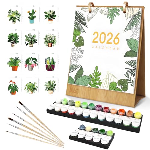 Malen Nach Zahlen Kalender 2026, DIY Tischkalender 2026 zum Aufstellen, Malen Nach Zahlen Kalender mit Pinsels Acrylfarbe und Base für Erwachsene 12 verschiedene, Handgemalte Ölgemälde Tischkalender von PGonline