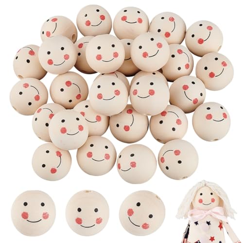 PH PandaHall 1.3'' Smile Face Holzperlen 30 Stück Natürliche Holz Abstandsperlen Lose Runde Perlen Kugel Holzperle Mit 7 mm Großem Loch Für Weihnachtsbaum Kranz Dekoration DIY Handwerk von PH PandaHall