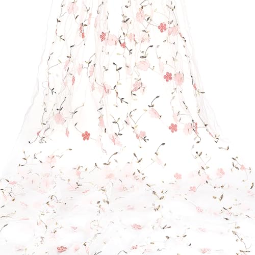 PH PandaHall 1.8m Blume Tüll Stoff Mesh Spitze Stoff 1.3m Breite Stickerei Spitze Stoff Floral Applique Stoff Weißer Netting-Stoff für DIY Nähen Kleidung Kleid Vorhang Hochzeit Dekoration von PH PandaHall
