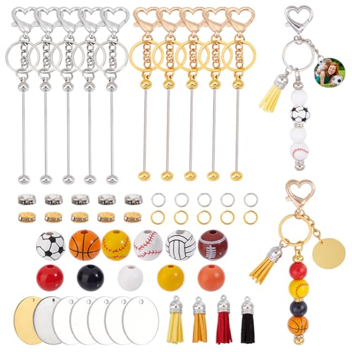 PH PandaHall 10 Sets Perlen-Schlüsselanhänger-Set, Sport-Holzperlen-Set für Schlüsselanhänger, Stifte, Anhänger mit Quasten, Karabinerverschlüssen, Eisenstange, geteilte Schlüsselringe für von PH PandaHall