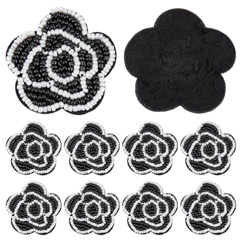 PH PandaHall 10 Stück Schwarze Florale Applikationen Stickmuster, Glas Saatperlen Stickmuster zum Anheften Stickerei Stickmuster Verzierungen für Hochzeitskleid DIY Stickereihandwerk Halloween 42mm von PH PandaHall