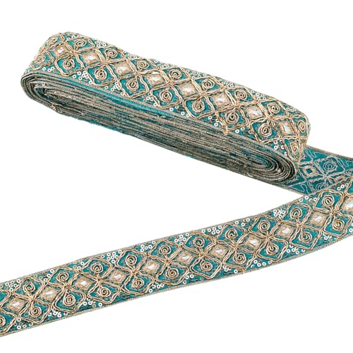 PH PandaHall 10 Yards Ethnisches Jacquardband 1 3/4 Zoll (45mm) Blaues Besticktes Band Mit Blumen Paillettenbesatz Zum Nähen von Handgefertigten Taschengurten von PH PandaHall