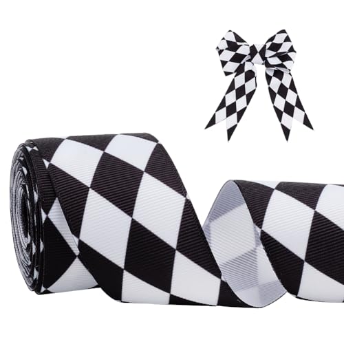 PH PandaHall 10.9m Schwarzes und weißes Karo-Band, 3.81cm Diamant kariertes Band Rhombus Druck Grosgrain Band für DIY Haarschleife Kranz Racing Deko Basteln, Geschenkverpacken von PH PandaHall