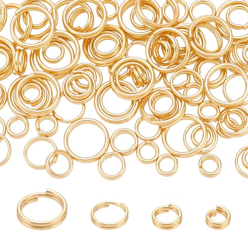 PH PandaHall 100 Stück 24 Karat vergoldete Spaltringe, goldene Doppel-Binderinge 4/5/6/8 mm, Doppelschlaufe, Schlüsselring, kleine Messingverbindungsringe für Anhänger, Schlüsselanhänger von PH PandaHall