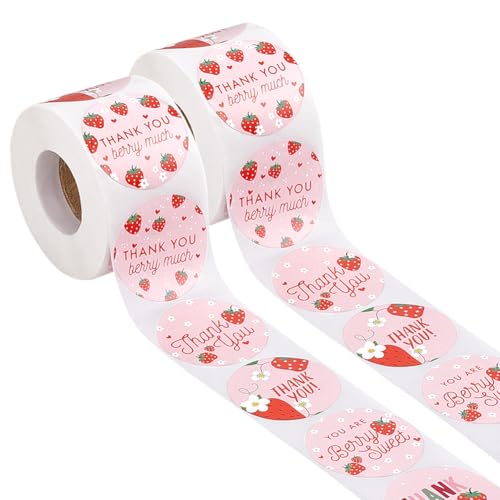 PH PandaHall 1000 Stück Erdbeer Dankeschön Aufkleber Obst Rosa Papier Sticker Erdbeere Siegeletikett Für Party Karte Süßigkeiten Kekse Geschenktüte 38mm von PH PandaHall