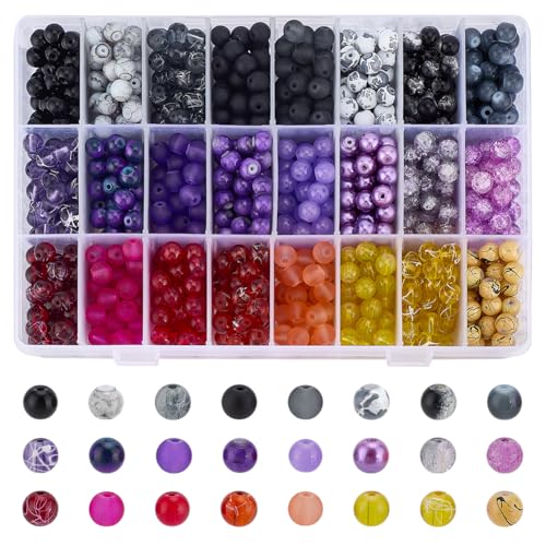 PH PandaHall 1080 Stück 8 mm Glasperlen für Armbändern, 24 verschiedene Designs Schwarz Lila Gelb Kristallperlen Runde Bastelperlen Lose Perlen in Großpackung für DIY Armbändern, Ohrringen, Halsketten von PH PandaHall