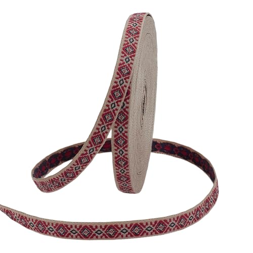 PH PandaHall 12,7 m Rauten-Jacquard-Bordüre, 1 cm breit, Vintage-Stickband, ethnisches Nähen, Gurtband, Rhombus, gewebte Bänder zum Nähen von Kleidung, Zubehör, Dekoration, Dunkelrot von PH PandaHall