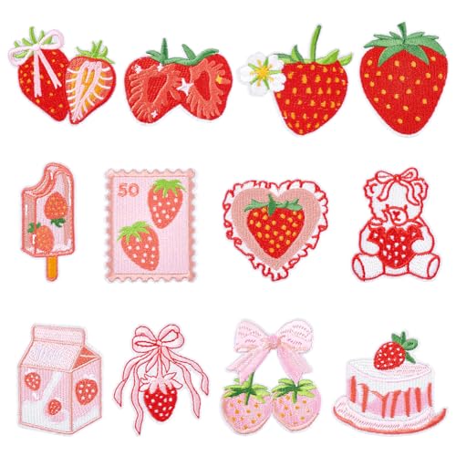 PH PandaHall 12 Stück Erdbeer Aufnäher Zum Aufbügeln Süße Obstkuchen Schleife Zum Aufnähen Auf Reparaturflicken T-Shirt Kleidung Bestickte Applikation Rosa Rot Kokett Mädchenhafter Stil Accessoires von PH PandaHall