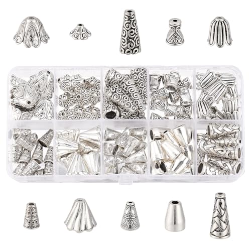 PH PandaHall 120 Stück 10 Stile Kegel-Perlenkappen, Metall-Endkappen, Blumenperlenkappen, tibetische Kegel, Kappen, Quastenende, Perlen, Fundstücke, Abstandshalter, Perlenkappen für Armband, Halskette PH PandaHall 120 Stück 10 Stile Kegel-Perlenkappen, Metall-Endkappen, Blumenperlenkappen, tibetische Kegel, Kappen, Quastenende, Perlen, Fundstücke, Abstandshalter, Perlenkappen für Armband, Halskette von PH PandaHall
