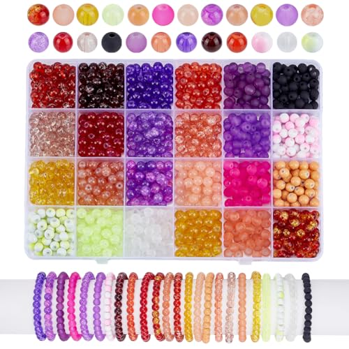 PH PandaHall 1200pcs 6mm glasperlen zum auffädeln, 24 Farben Kristall Runde Glasperlen Orange Lila Beacelet Perlen Bunte Abstandshalter Perlen für Armband Halskette Ohrring, DIY Handwerk von PH PandaHall