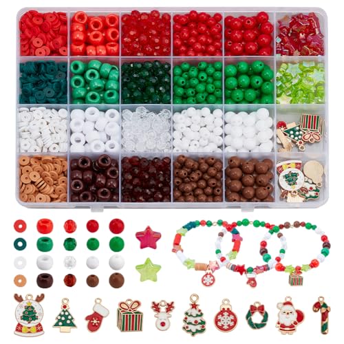 PH PandaHall 1400 Stück+ Weihnachtsperlen Zur Schmuckherstellung Verschiedene Rot Grün Weiß Braune Perlen Runde Stern Acrylperlen Polymer Tonperlen Mit Anhänger Für Die Herstellung von Armbändern von PH PandaHall