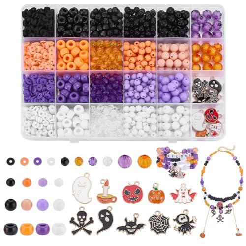 PH PandaHall 1400 Stück + Halloween Perlen Zur Herstellung von Armbändern Schwarze Orange Lila Weiße Perlen Polymer Ton Acrylperlen Kürbis Totenkopf Geister Anhänger Zur Schmuckherstellung Halloween von PH PandaHall