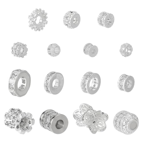 PH PandaHall 15 Stück 15 Stile Strass Abstandshalter 4~10mm Armband Abstandshalter Rondelle Silber Bastelperlen Glänzende Abstandshalter Für Halsketten Schmuckherstellung von PH PandaHall