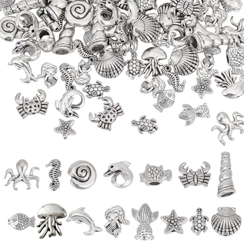 PH PandaHall 150PCS 15 Styles Ozean Tier tibetischen lose Spacer Perlen Antikes Silber Seeschildkröte Seestern Perlen Legierung Abstandshalter Perlen für DIY Halskette Armband von PH PandaHall