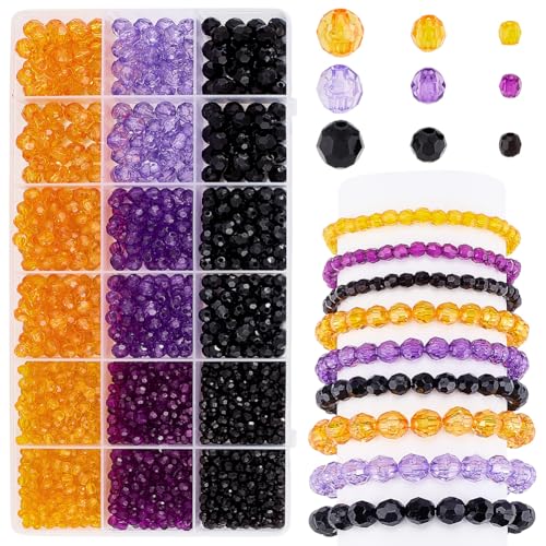 PH PandaHall 1590 Stück Kristallperlen für Halloween, 4 mm, 6 mm, 8 mm Acryl-Facettenperlen 3 Farben: Gelb, Violett, Schwarz für Armbänder, Halsketten, Ohrringe, DIY-Bastelprojekte von PH PandaHall