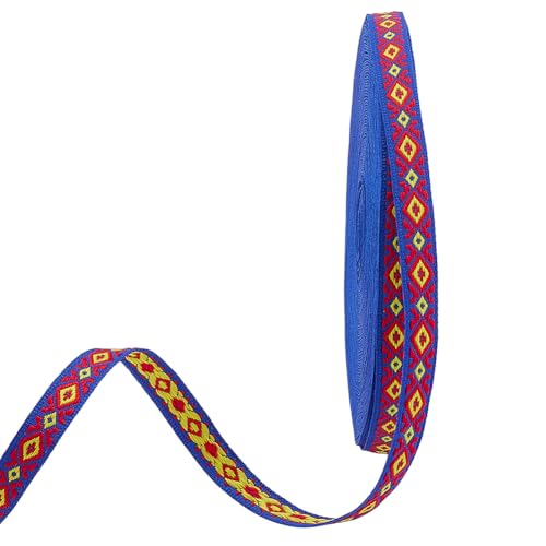 PH PandaHall 15m Jacquard-Besatz 1cm Rhombus-Jacquard-Band Gestickte Bänder Geometrische gewebte Fransen Schmales Ethnisches Band Boho-Spitzenbesatz zum Nähen von Kleidung Heimdekoration, blau von PH PandaHall
