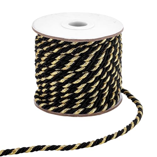 PH PandaHall 16,4 Meter 3-lagige, schwarze gedrehte Schnur, 5 mm, metallische geflochtene Schnur, dekorative Seilbesatz, Handbefestigung, Seide, Ehrenschnüre für Heimdekoration, Abschlussfeiern von PH PandaHall