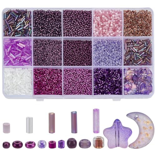 PH PandaHall 16 Styles 12500pcs Lila Perlen 2mm Glas Seed Perlen Glas Bugle Perlen Mondstern-Perlen Freundschaft Taille Perlen Lila Glasperlen Kit für Armband Schmuckherstellung Sicken Crafting von PH PandaHall