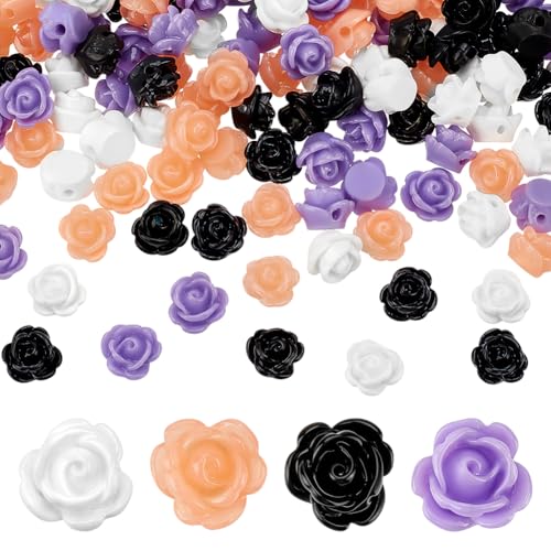 PH PandaHall 160 Stück Rosenblüten Perlen für Halloween, 4 Farben, flache Basis, Harzperlen, blickdicht, geschnitzt, Rosenperlen, Verzierungen, Blumen, flache Rückseite, Cabochons für Sonnenbrillen von PH PandaHall
