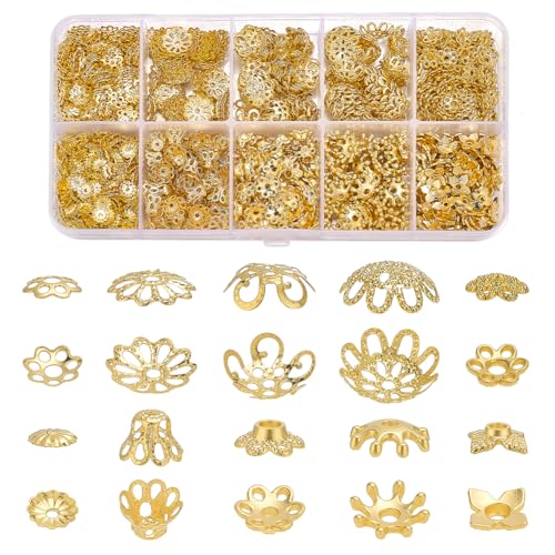 PH PandaHall 1600 Stück goldene Perlenkappen, 10 Stile, Blumen-Abstandshalter, filigrane Blumenkappen, Metall-Abstandshalter, Endkappen für Schmuckherstellung, Zubehör, Armband, Halskette, Ohrringe PH PandaHall 1600 Stück goldene Perlenkappen, 10 Stile, Blumen-Abstandshalter, filigrane Blumenkappen, Metall-Abstandshalter, Endkappen für Schmuckherstellung, Zubehör, Armband, Halskette, Ohrringe von PH PandaHall