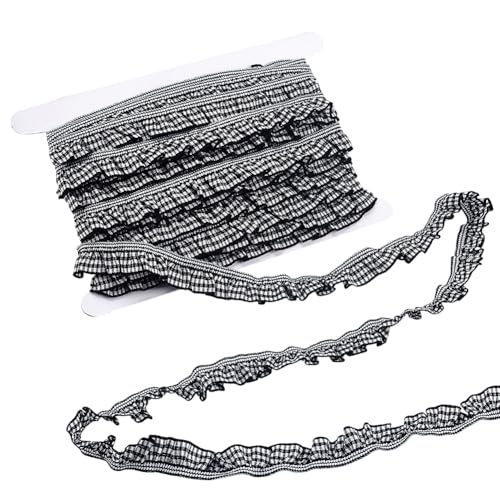 PH PandaHall 18.2m Gingham Elastikbesatz Schwarzer Rüschenbesatz 20mm Breites Plissiertes Spitzenband Kariertes Stretch Besatz Karierte Rüschenkantenbesätze Für Heimwerkerarbeiten Nähen Applikationen von PH PandaHall