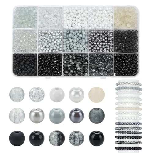 PH PandaHall 1800 Stück 15 Stile Runde Glasperlen 4mm Schwarz Weiß Armbandperlen Mini Glasperlen Großpackung Crackle Kristallperlen Für Halsketten Armbänder DIY Schmuckherstellung Basteln Dekoration von PH PandaHall